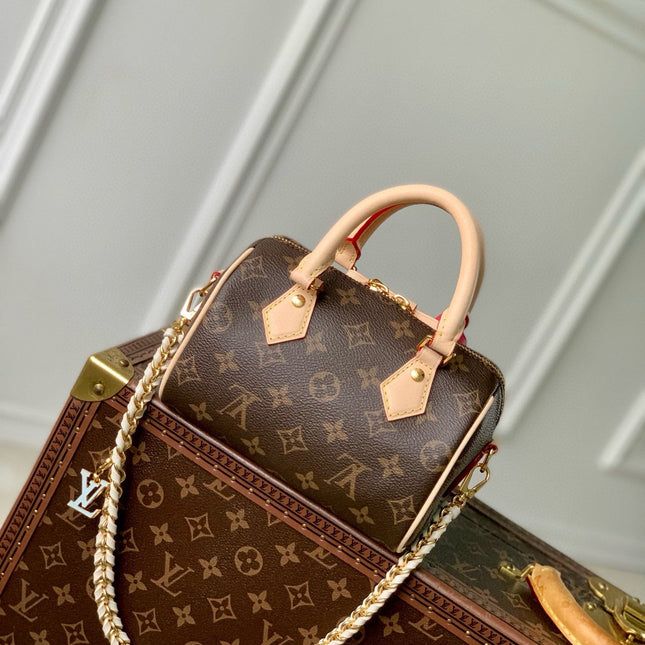 MINI SPEEDY BAG PINK CHARM 18 IN BROWN MONOGRAM DUNE COATED CANVAS