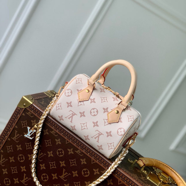 MINI SPEEDY BAG GREEN CHARM 18 IN LIGHT BROWN MONOGRAM DUNE COATED CANVAS