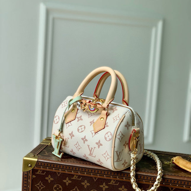 MINI SPEEDY BAG GREEN CHARM 18 IN LIGHT BROWN MONOGRAM DUNE COATED CANVAS