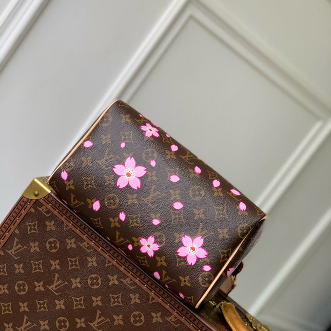 SPEEDY BANDOULIÈRE CHERRY BLOSSOM 25 IN SAKURA BROWN MONOGRAM COATED CANVAS
