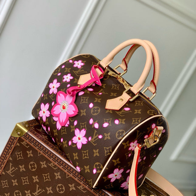 SPEEDY BANDOULIÈRE CHERRY BLOSSOM 25 IN SAKURA BROWN MONOGRAM COATED CANVAS