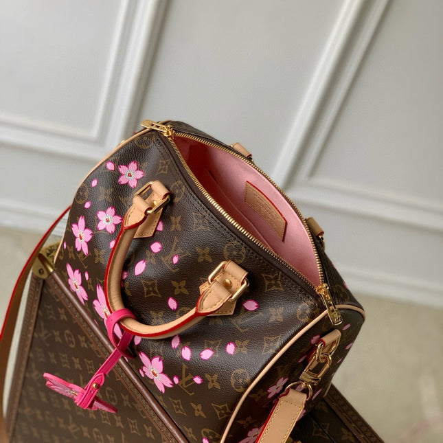 SPEEDY BANDOULIÈRE CHERRY BLOSSOM 25 IN SAKURA BROWN MONOGRAM COATED CANVAS