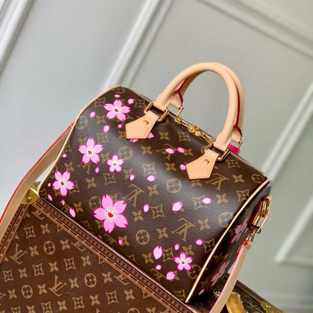 SPEEDY BANDOULIÈRE CHERRY BLOSSOM 25 IN SAKURA BROWN MONOGRAM COATED CANVAS
