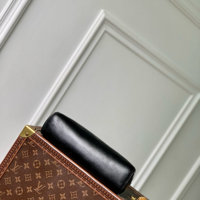 POCHETTE VIBE HANDBAG 25 IN BLACK LAMBSKIN BROWN COWHIDE AND COATED CANVAS TRIM