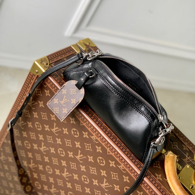 POCHETTE VIBE HANDBAG 25 IN BLACK LAMBSKIN BROWN COWHIDE AND COATED CANVAS TRIM
