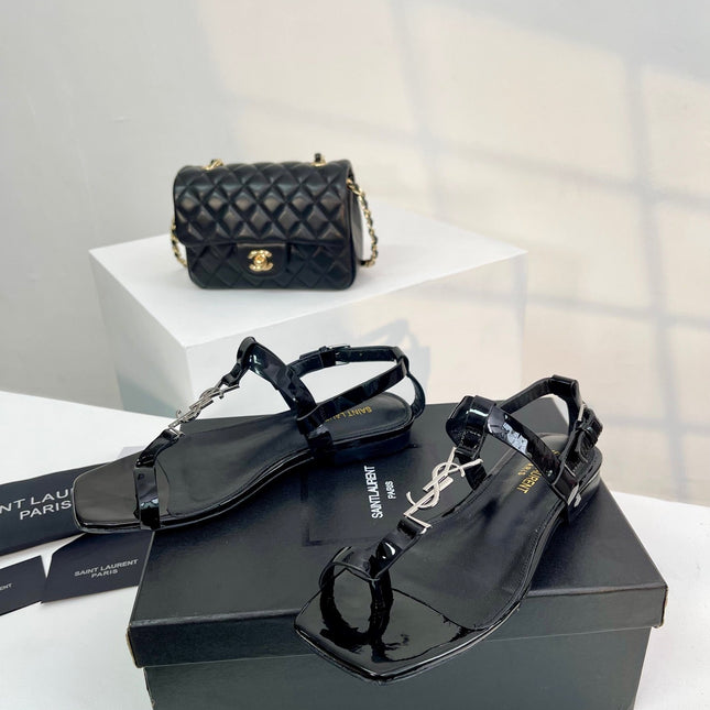 SL Cassandra Flat Sandals Black Patent Leather