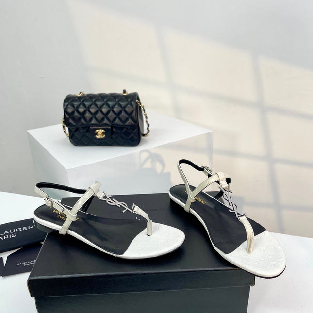 SL Cassandra Croc-Embossed Thong Sandals Black White Leather