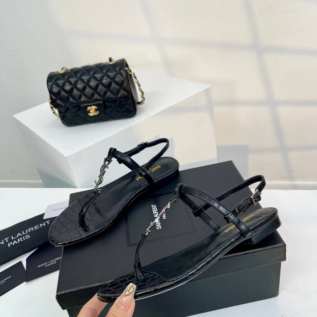 SL Cassandra Croc-Embossed Thong Sandals Black Leather
