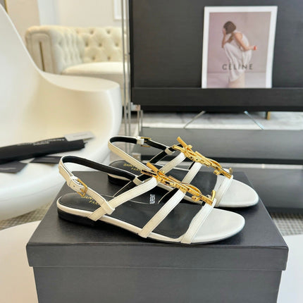 Yves SL Buckle Women Sandals Black White Leather