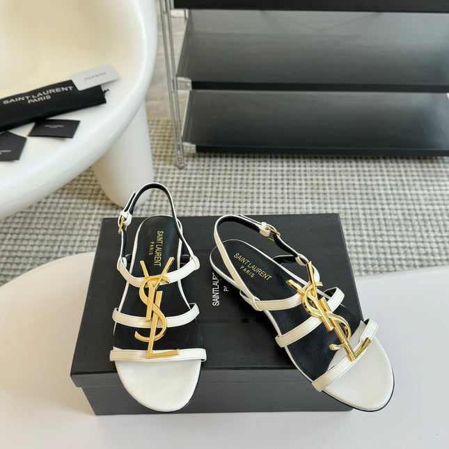 Yves SL Buckle Women Sandals Black White Leather