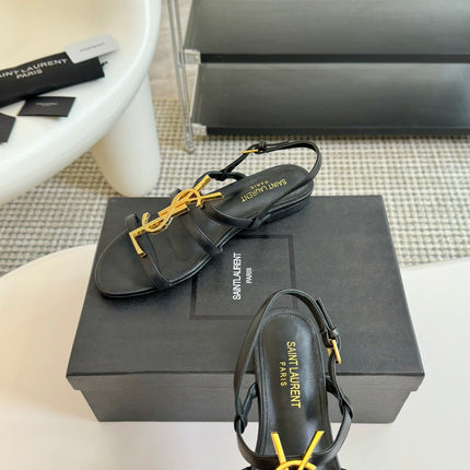 Yves SL Buckle Women Sandals Black Leather