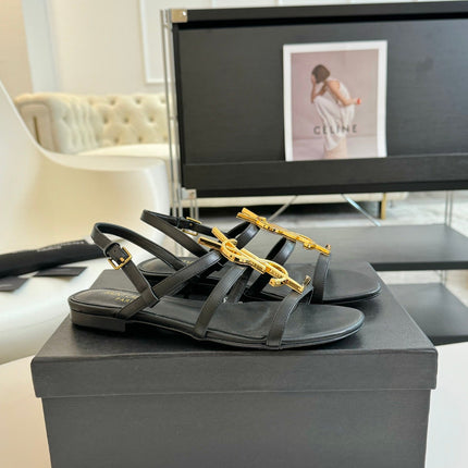 SL CASSANDRA TRIPLE SANDAL FLAT BLACK CALFSKIN
