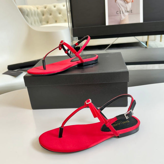 SL Silk Bow T-Strap Flat Sandals Red Leather
