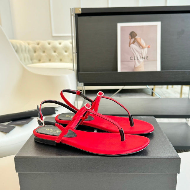 SL Silk Bow T-Strap Flat Sandals Red Leather