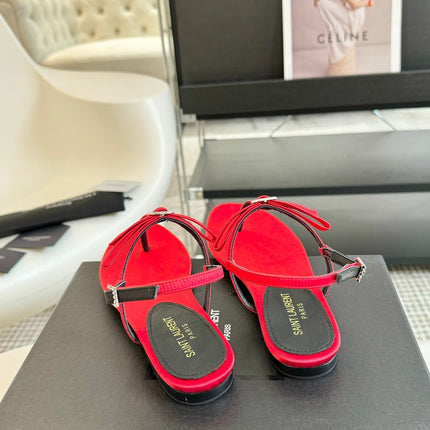 SL Silk Bow T-Strap Flat Sandals Red Leather