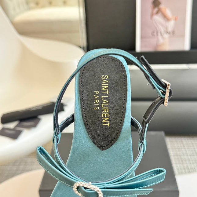 SL Silk Bow T-Strap Flat Sandals Cloud Blue Leather