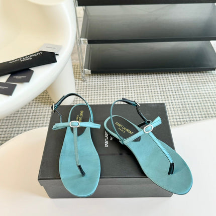 SL Silk Bow T-Strap Flat Sandals Cloud Blue Leather
