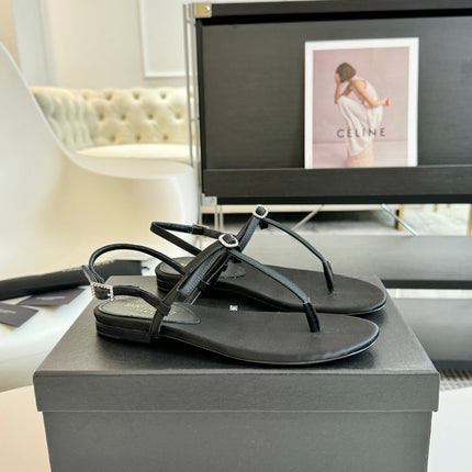 SL Silk Bow T-Strap Flat Sandals Black Leather