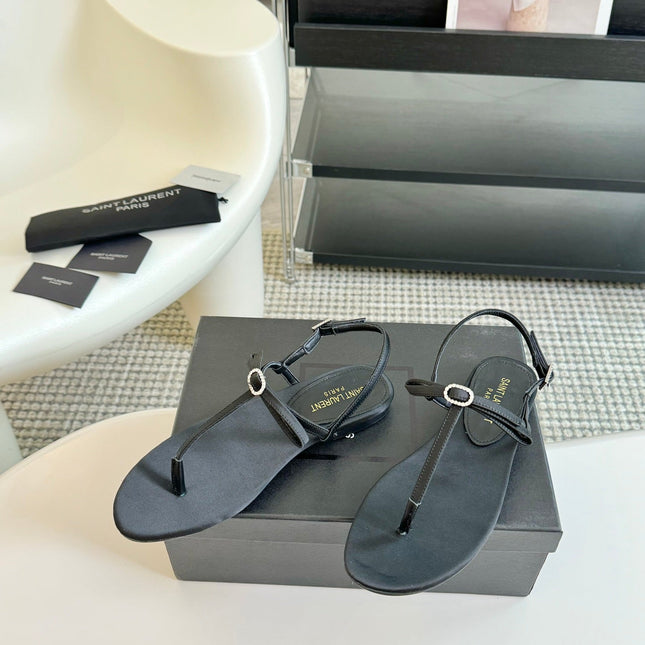 SL Silk Bow T-Strap Flat Sandals Black Leather