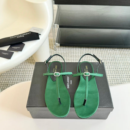 SL CRYSTAL T-STRAP FLAT SANDAL DARK GREEN SATIN