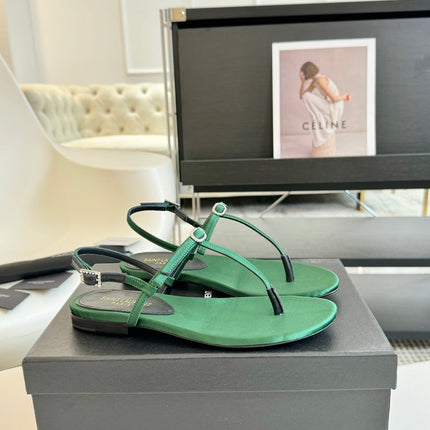SL Silk Bow T-Strap Flat Sandals Green Leather