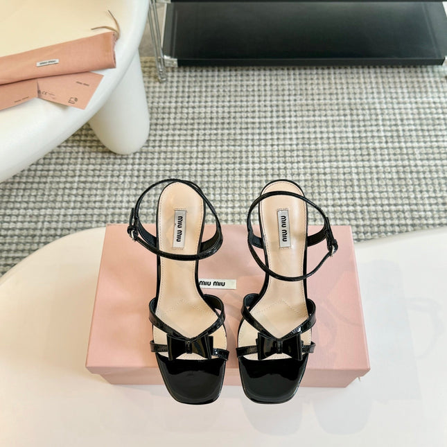 High Heels With Bows Black Glossy Leather