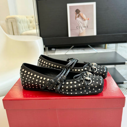 GG RIVETS BALLET FLAT BLACK HORIZONTAL STRAPS LAMBSKIN