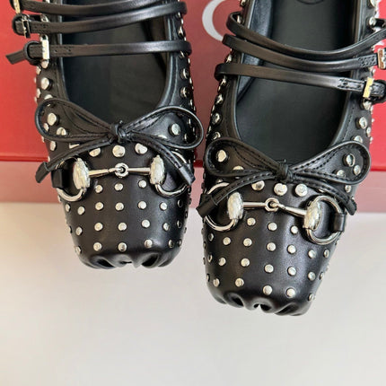 GG RIVETS BALLET FLAT BLACK HORIZONTAL STRAPS LAMBSKIN
