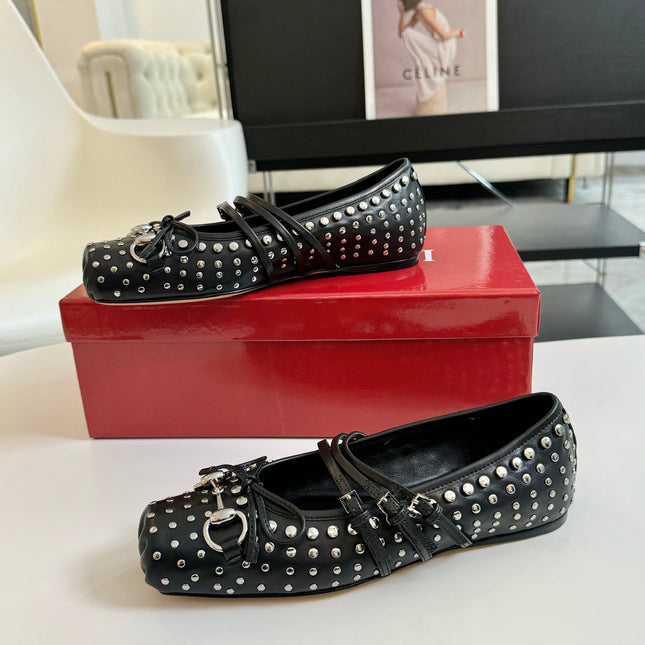 GG RIVETS BALLET FLAT BLACK HORIZONTAL STRAPS LAMBSKIN