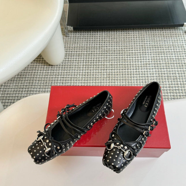 GG RIVETS BALLET FLAT BLACK HORIZONTAL STRAPS LAMBSKIN