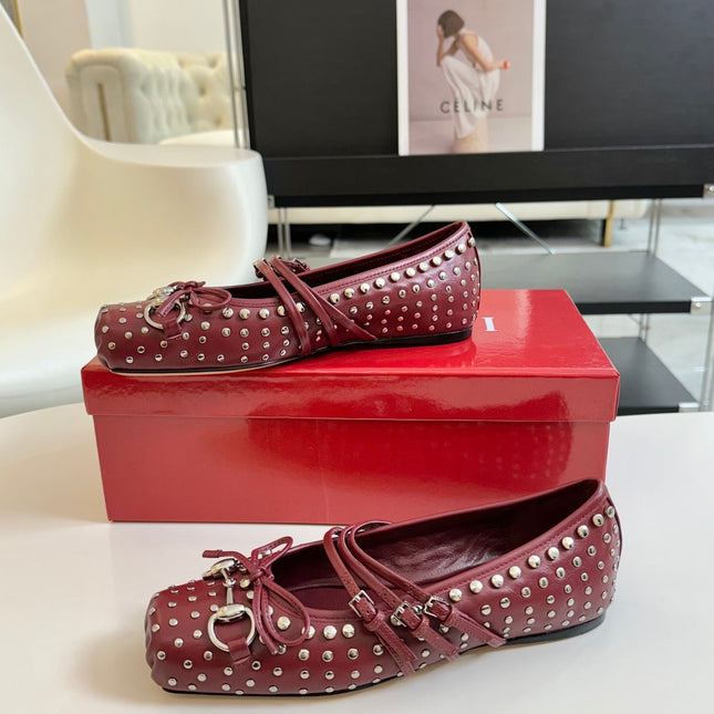 GG RIVETS BALLET FLAT GARNET HORIZONTAL STRAPS LAMBSKIN