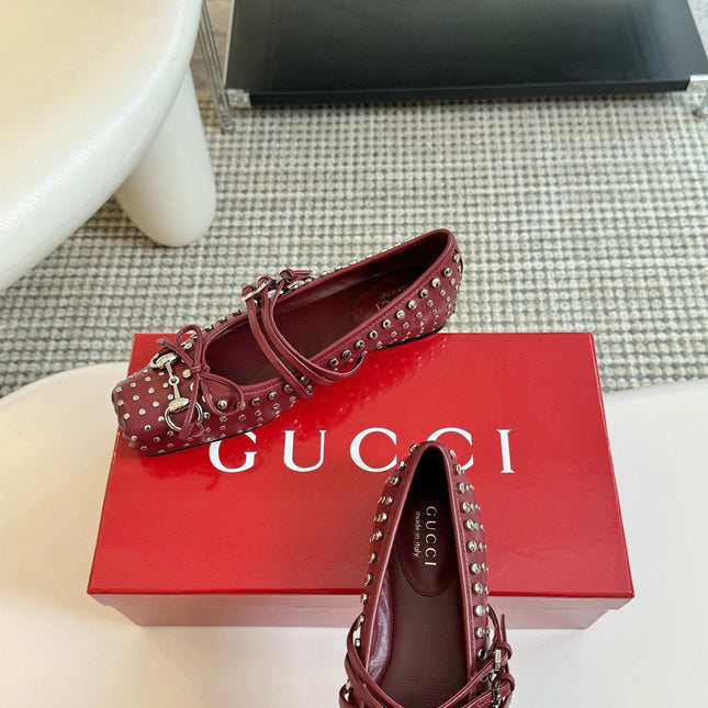 GG RIVETS BALLET FLAT GARNET HORIZONTAL STRAPS LAMBSKIN