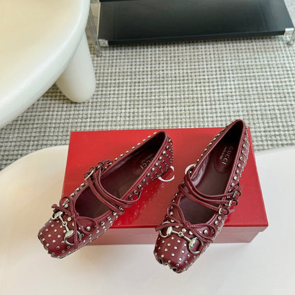 GG RIVETS BALLET FLAT GARNET HORIZONTAL STRAPS LAMBSKIN