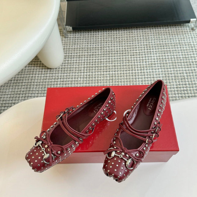 GG RIVETS BALLET FLAT GARNET HORIZONTAL STRAPS LAMBSKIN