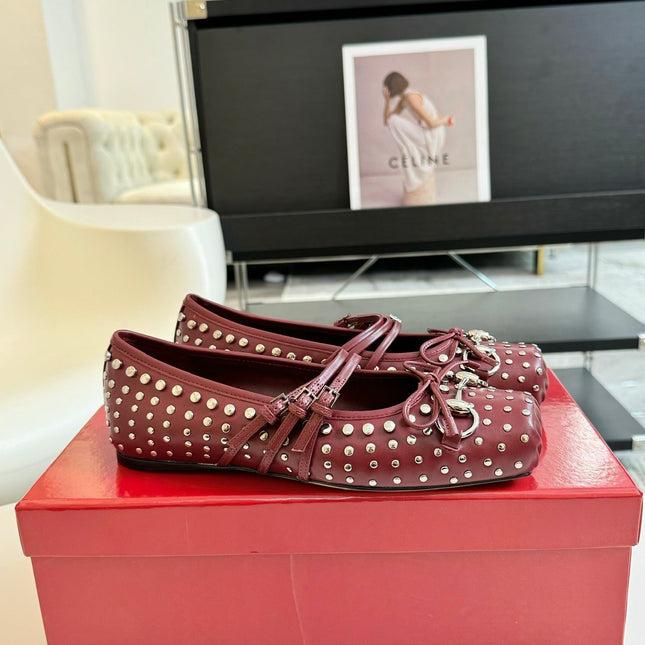 GG RIVETS BALLET FLAT GARNET HORIZONTAL STRAPS LAMBSKIN