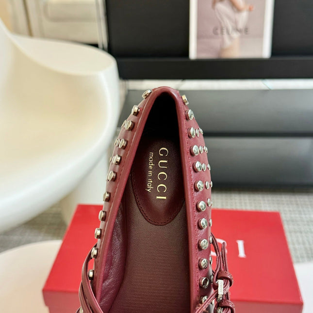 GG RIVETS BALLET FLAT GARNET HORIZONTAL STRAPS LAMBSKIN
