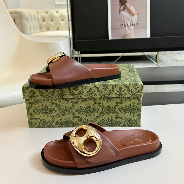 WOMEN'S SLIPPER IN BRONZE BROWN CALFSKIN WITH GOLD HARDWARE