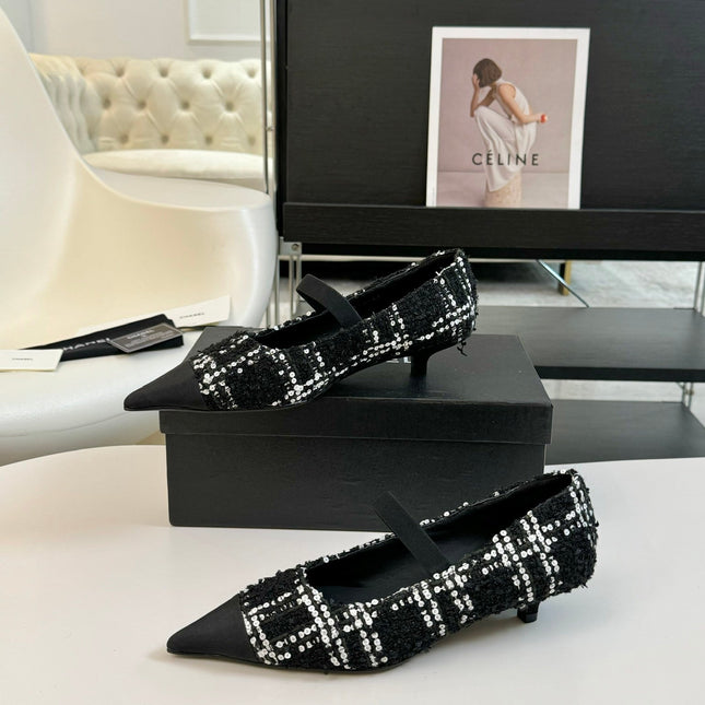 CC MARY JANE IN BLACK MIX WHITE WOOL TWEED