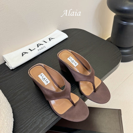 ALAIA WEDGE THONG SANDALS 25S IN BROWN SATIN