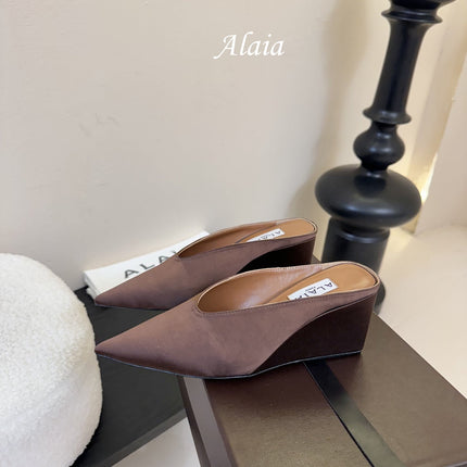 ALAIA HIGH MULES 25S IN BROWN SATIN