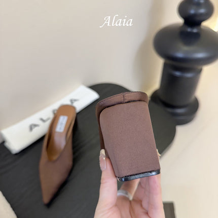 ALAIA HIGH MULES 25S IN BROWN SATIN