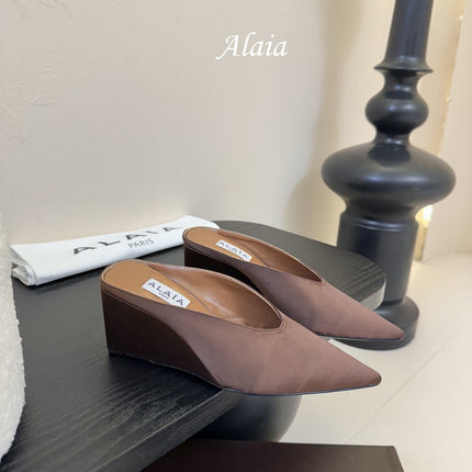 ALAIA HIGH MULES 25S IN BROWN SATIN