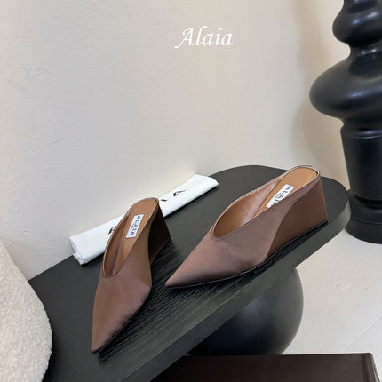 ALAIA HIGH MULES 25S IN BROWN SATIN