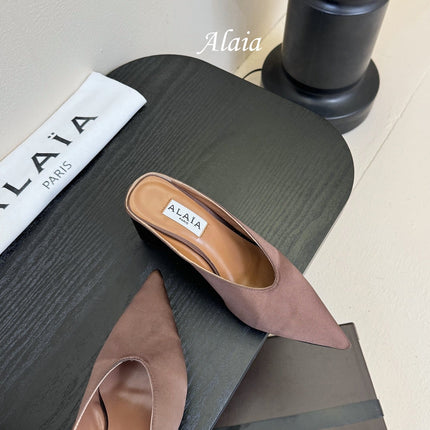 ALAIA HIGH MULES 25S IN BROWN SATIN