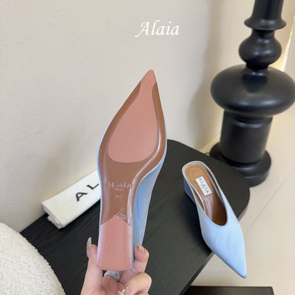ALAIA HIGH MULES 25S IN LIGHT BLUE SATIN