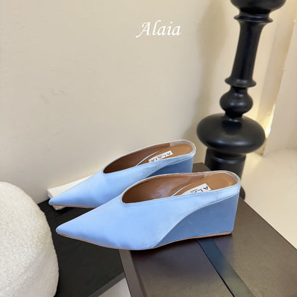 ALAIA HIGH MULES 25S IN LIGHT BLUE SATIN