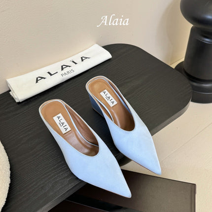 ALAIA HIGH MULES 25S IN LIGHT BLUE SATIN