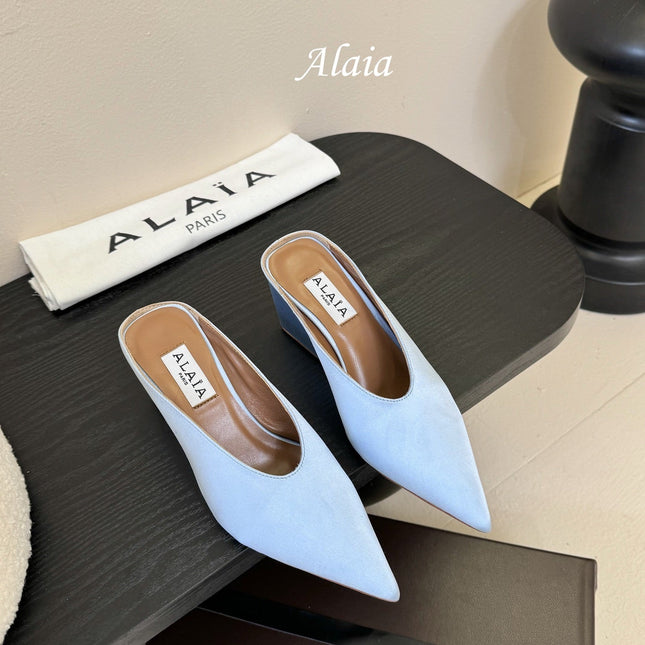 ALAIA HIGH MULES 25S IN LIGHT BLUE SATIN