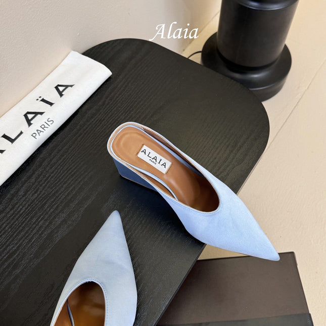 ALAIA HIGH MULES 25S IN LIGHT BLUE SATIN