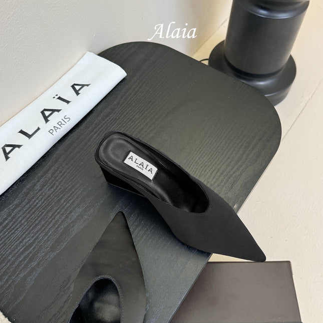 ALAIA HIGH MULES 25S IN BLACK SATIN